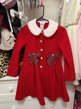 Red Girls Holiday Coat with White Faux Fur Collar